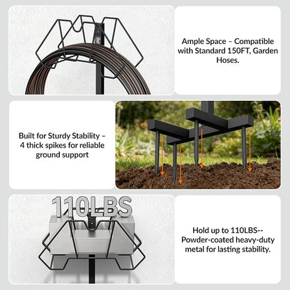 Giraffe Tools Garden Hose Holder Freestanding Heavy Duty Water Hose Holder Metal Stand, Holds 150FT Hose with 4 Spikes,Sturdy Hose Storage Stand for Outside Yard,Lawn,Garden,Black