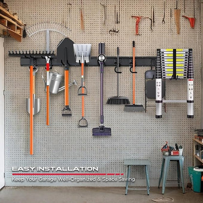 SEDY 64" Heavy Duty Garage Storage Tool Organizer Wall Mount - Tool Rack with Adjustable Hooks, Anti-Rust, 300lbs Capacity - Easy Installation (4 Racks, 10 Hooks, 3 Straps)