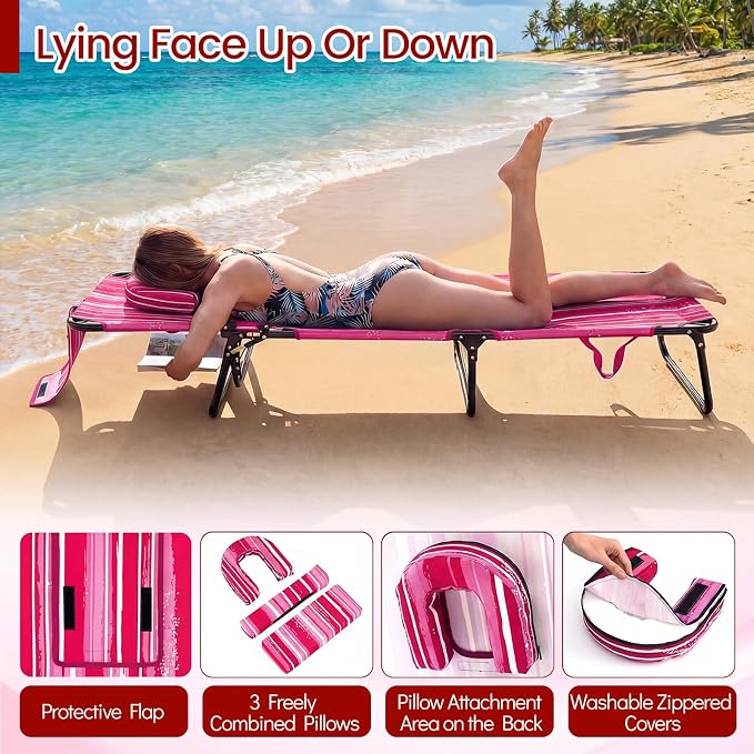 Giantex 2-Pack Tanning Chair, 350lbs Adjustable Patio Lounge Chair w/Face Hole, Removable Pillows, Carry Strap, Outdoor Folding Chaise Lounge for Layout Beach Poolside Lawn, Stripe Pink