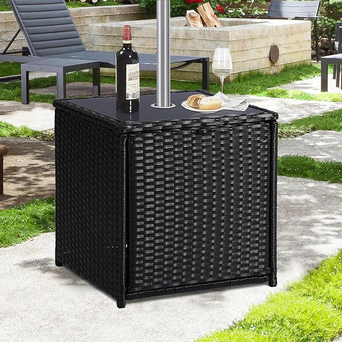 SUNNYPARK Outdoor Umbrella Side Table with 2 Weight Bags, 2-in-1 Patio Table with Umbrella Hole, All-Weather Handwoven PE Rattan Umbrella Base Stand for Deck Yard Garden Balcony Poolside