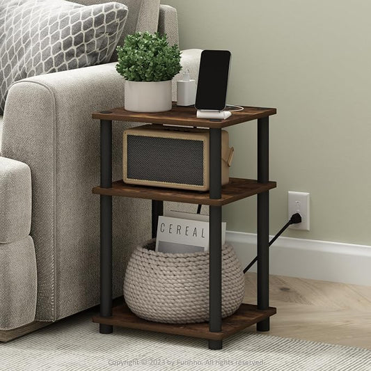 Furinno Just 3-Tier Turn-N-Tube USB and Type-C Charging Port End Table with Open Storage, 11.42 (W) x 8.82 (H) x 6.77 (D) inches, Amber Pine/Black