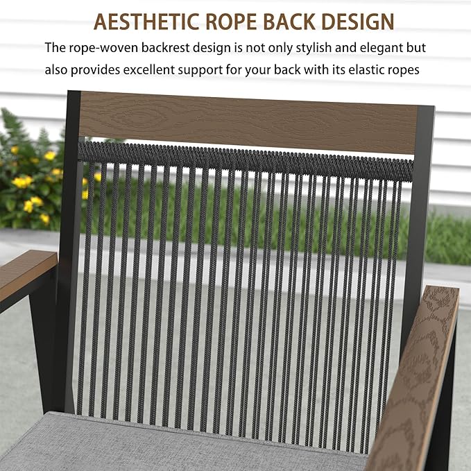 5-Piece Patio Dining Table and Chair Sets, Outdoor Metal Dining Furniture Set with Umbrella Hole, Wood Grain Tabletop, 4 Rope Patio Chairs with Faux Wood Armrest & Cushions for Backyard, Deck