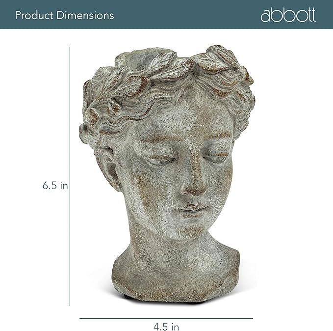 Abbott Collection Goddess Head Planter – Extra Small Cement Indoor and Outdoor Planter Pot – Grecian Woman Statue Head Planter for Flowers and Succulents (Grey, 6.5" Tall, 2.75" Opening)