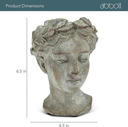 Abbott Collection Goddess Head Planter – Extra Small Cement Indoor and Outdoor Planter Pot – Grecian Woman Statue Head Planter for Flowers and Succulents (Grey, 6.5" Tall, 2.75" Opening)