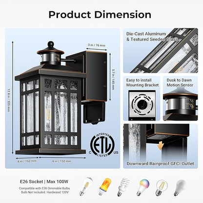 Motion Sensor Outdoor Lights Wall Mount with GFCI Outlet, Dusk to Dawn Exterior Light Fixture, 100% Anti-Rust Aluminum Waterproof Outside Wall Lighting for House, Black 2-Pack, Non-Solar