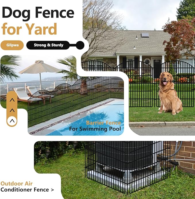 10 Panels Decorative Garden Metal Fence, 48in (H) x 24ft (L) No Dig Dog Fencing for Outdoor Yard, Rustproof Animal Ground Stakes Temporary Panel Border Barrier for Patio Flower Bed Camping