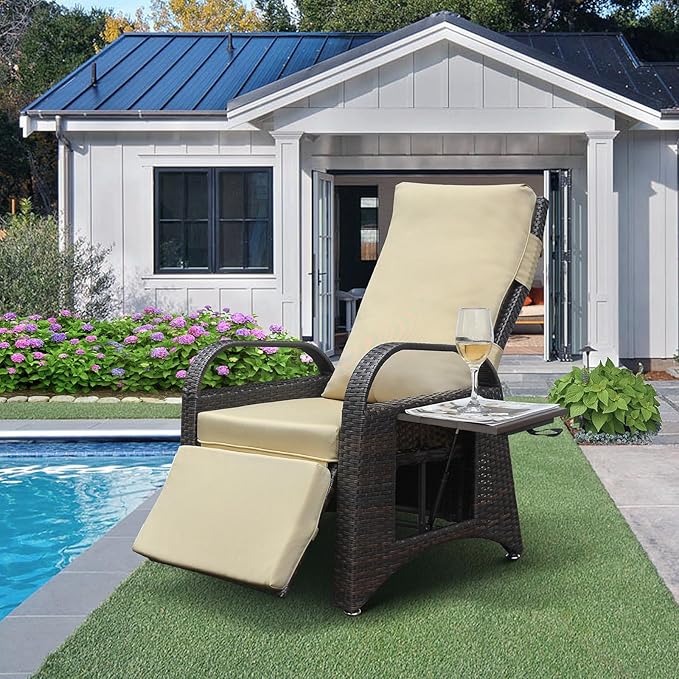 ATR ART TO REAL Outdoor Recliner Replacement Cushion, High Back Chair Cushions Patio Wicker Reclinning Chairs Seat Pad, Removable Cover, Waterproof, UV Resistant (Style B, Khaki)