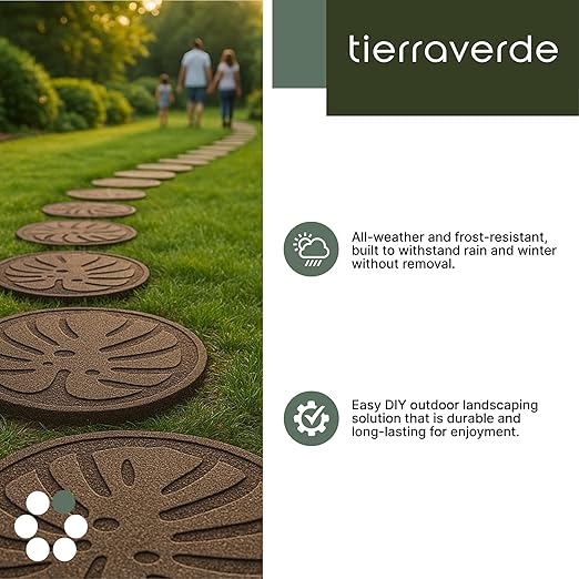 TierraVerde 4-Pack 18”x18” Fake Tropical Leaf Rubber Stepping Stones, Round, Brown – Reversible Non-Slip Outdoor Faux Decorative Set for Landscaping – DIY Decor for Walkways & Yard Pathways