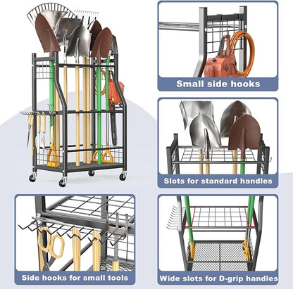 WALMANN Garden Tool Organizer with Wheels for Garage, Rakes/Shovels/Yard Tools Storage Stand for Garden, Shed, Indoor/Outdoor Long-Handled Tools Rolling Cart