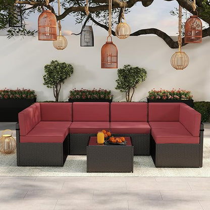 Kinsuite 7Pcs Patio Conversation Set - Wicker Backyard Furniture Outdoor Furniture with Cushions, All-Weather Couch Set with Coffee Table for Garden, Lawn, Deck, Red