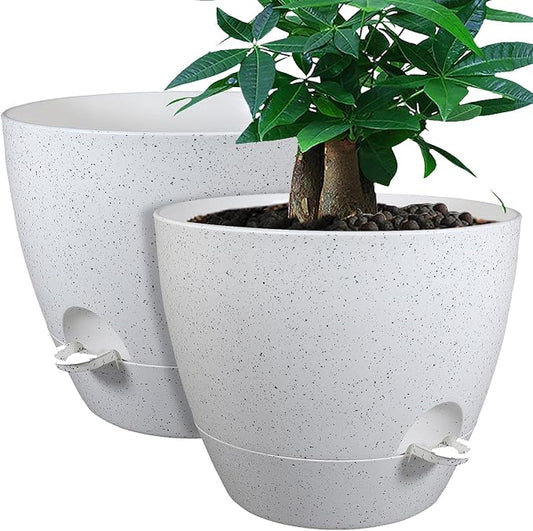 UOUZ 12inch 2Pack Large Self Watering Planters, Plastic Plant Pots with 60oZ Removable Deep Reservoir and Multi Mesh Drainage Holes for Indoor Outdoor Garden Plants and Flowers, White Speckles