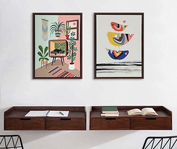Kate and Laurel Sylvie The Family Tree Framed Canvas Wall Art by Rachel Lee of My Dream Wall; 18x24 Brown; Colorful Animal Art for Wall