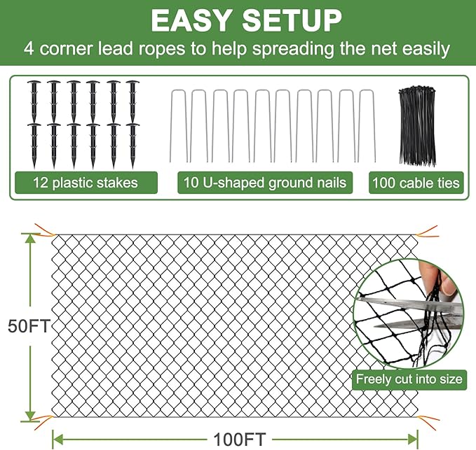 Bird Netting - 50’ x 100’ Garden Net with 1” Square Mesh Protect Fruit Trees from Poultry and Deer, Heavy Duty Garden Netting as Fruit Net, Aviary Netting for Farm, Orchard