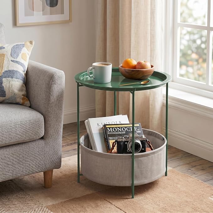 VECELO Round Side/End Table with Fabric Storage Basket，Metal Anti-Rust and Waterproof Small Bedside Nightstand with Removable Tray Top for Living Room，Balcony & Laundry，Dark Green /2pcs with Basket