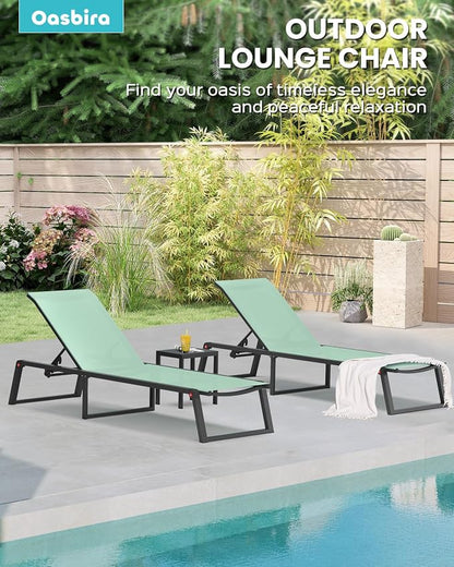 Aluminum Chaise Lounge Chair Outdoor, Foldable& No Assembly Patio Pool Lounge Chairs 5-Position Recliner for Outside, Fully Grounded Legs Sun Lounger for Poolside, Light Green