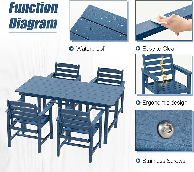 Anbuy Patio HDPE Dining Table Set, 7-Piece Outdoor Dining Table Sets, 2 in 1 Convertible Table and 6 Outdoor Chairs Outdoor All-Weather Furniture Set Blue