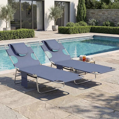 Outsunny Chaise Lounge Chair Outdoor Set of 2 with Face Arm Hole, 5-Position Reclining Face Down Tanning Chair with Carry Strap, Side Pocket, Portable Folding Bed Cot for Patio Beach Pool, Gray