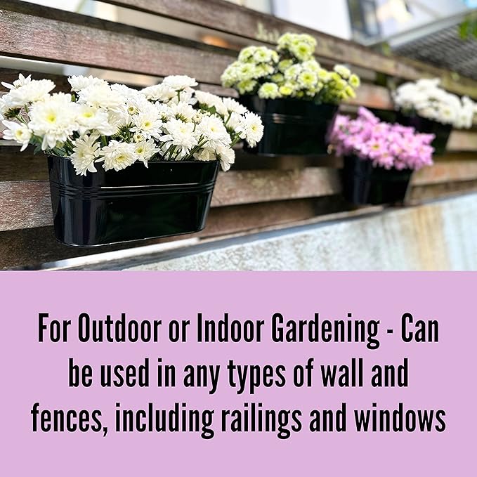 LaLaGreen Rail Planter Outdoor Plants (6 Pack, 9.8 Inch) Small and Cute Black Metal Iron Hanging Flower Pot Deck Railing Fence Buckets Countryside Style Window Box Plant Holder Hooks Porch Decor