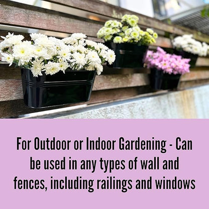 LaLaGreen Rail Planter Outdoor Plants (6 Pack, 9.8 Inch) Small and Cute Black Metal Iron Hanging Flower Pot Deck Railing Fence Buckets Countryside Style Window Box Plant Holder Hooks Porch Decor