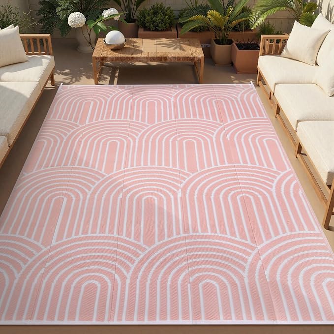 Anidaroel Rainbow Patio Rugs Outdoor 8’X10’ Waterproof, Reversible Camping Rug for Outside RV, Portable Plastic Straw Outdoor Area Rug for Backyard, Garden, Pool Deck (Pink, 8‘X10')