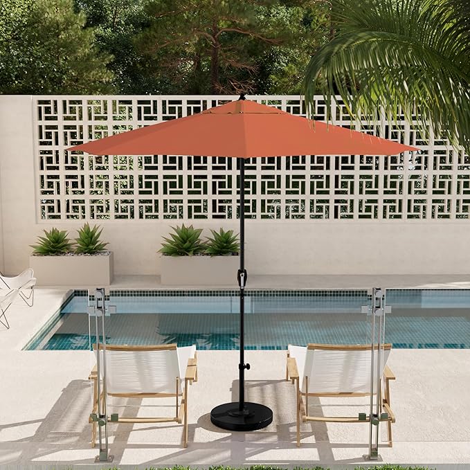 California Umbrella 9' Rd Aluminum Patio Umbrella, Crank Lift, Auto Tilt, Black Finish, Sunbrella Melon
