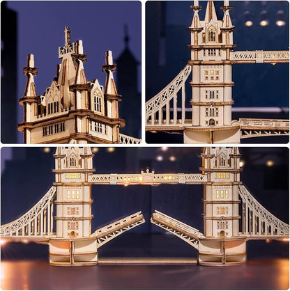 ROBOTIME 3D Puzzle Wooden Craft Kits with LED Light DIY Tower Bridge Construction Model Kit to Build for Teens Brain Teaser Puzzle Home Decor Birthday Gifts