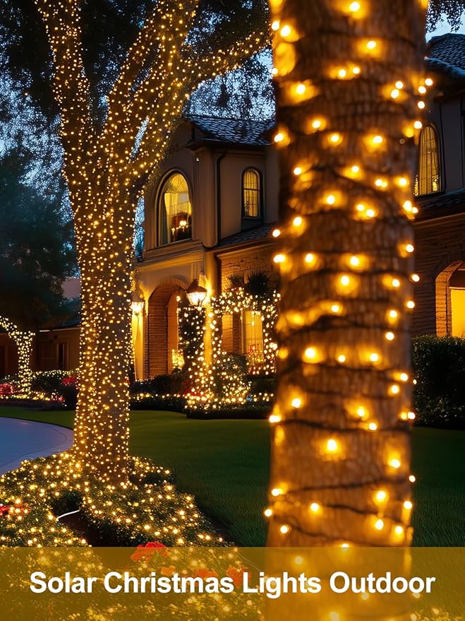4 Pack Solar Christmas Lights Outdoor Waterproof, 132FT 400LED Solar String Lights Green Wire Fairy Lights, Solar Twinkle Lights with 8 Lighting Modes for Xmas Garden Decorations (Warm White)