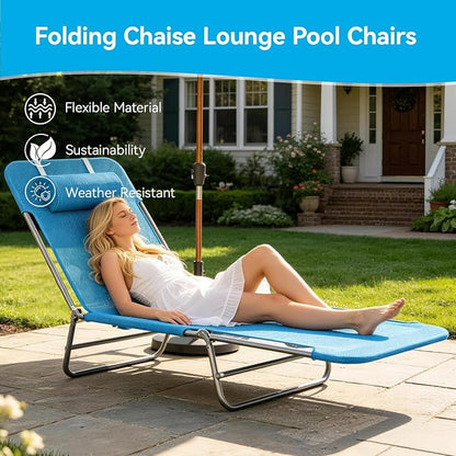 Outdoor Chaise Lounge with Detachable Pillow, Reclining Folding Chair with 5-Position Adjustable Back, Portable Tanning Chair For Beach, Pool, Lawn, Breathable Mesh Seat, No Assembly (Blue 3)