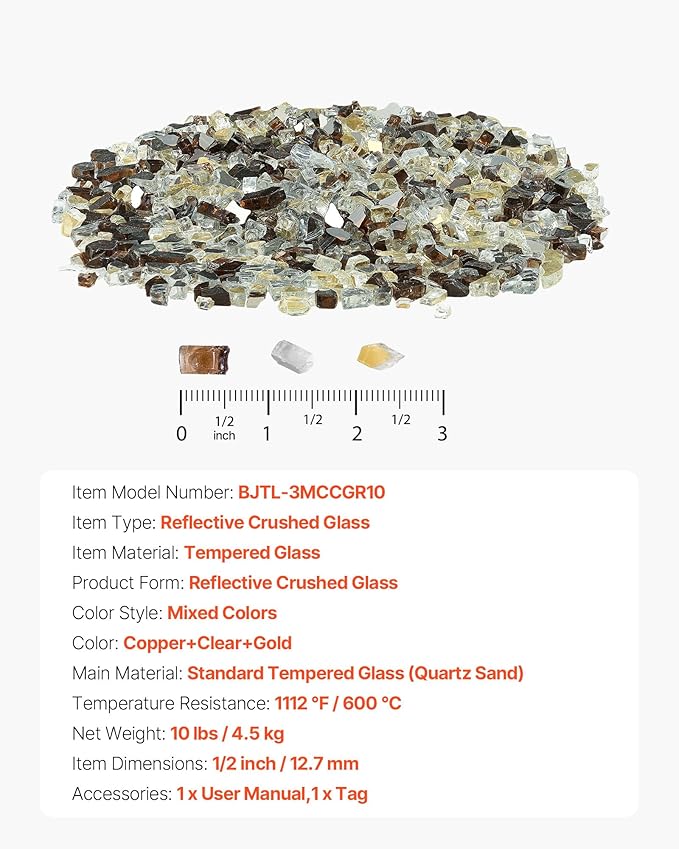 VEVOR Fire Glass, 10 LBS / 4.5 KG High-Temperature Resistant Fireplace Rocks, 1/2-Inch / 12.7 mm Reflective Firepit Glass Rock, High Luster Stone Landscaping for Fire Pit Table, Copper + Clear + Gold