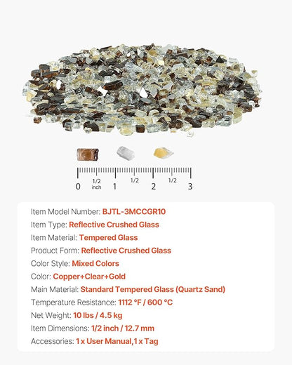 VEVOR Fire Glass, 10 LBS / 4.5 KG High-Temperature Resistant Fireplace Rocks, 1/2-Inch / 12.7 mm Reflective Firepit Glass Rock, High Luster Stone Landscaping for Fire Pit Table, Copper + Clear + Gold