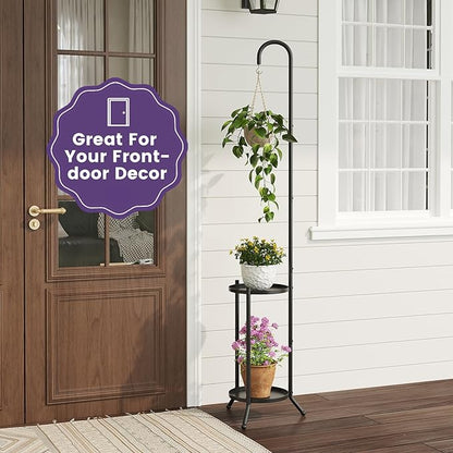 2-Tier Metal Plant Stand with Hanging Hook, Indoor Outdoor Plant Shelf,Heavy Duty Plant holder Rustproof Iron Multiple Plant Round Supports Rack for Planter Corner Garden Balcony Patio (Black)