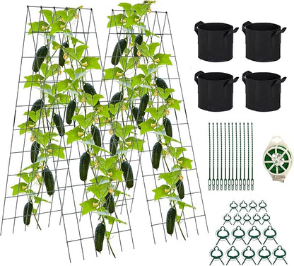 Foldable Cucumber Trellis 64" H x 20" W - 2 Pack, A-Frame Garden Trellis for Raised Bed, with Twist Ties & Plant Bags for Climbing Plants Outdoor