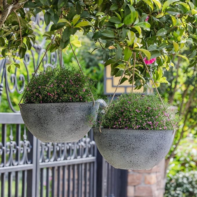 LA JOLIE MUSE Large Hanging Planters for Outdoor Plants - 13 Inch Hanging Flower Pots with Drainage Holes, Set of 2, Rock Grey