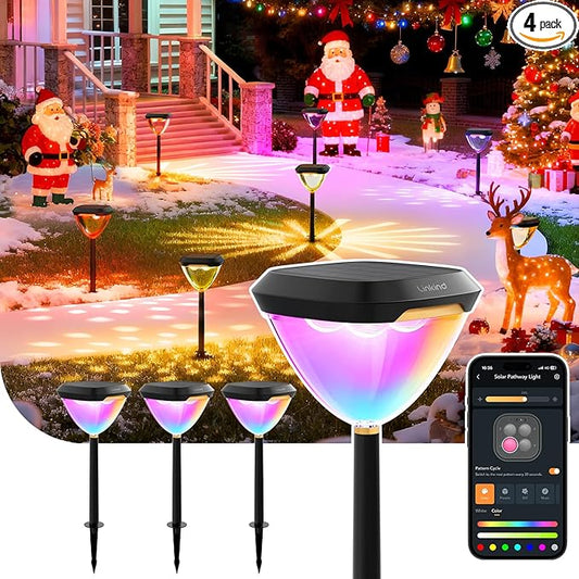 Linkind Smart Solar Pathway Lights SP6, in-App Pattern Switching Solar Lights Outdoor Waterproof, Solar & Wired Charging Color-Changing Landscape Lighting, Christmas Decor for Yard, Patio (4 Pack)