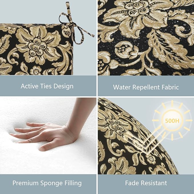 LVTXIII Outdoor Chair Cushions, Water Repellent Patio Furniture Cushions Outdoor Chair Pads with Ties for Dining Chairs and Garden Furniture, 22"x22"x3" Set of 2, Jacobean Black