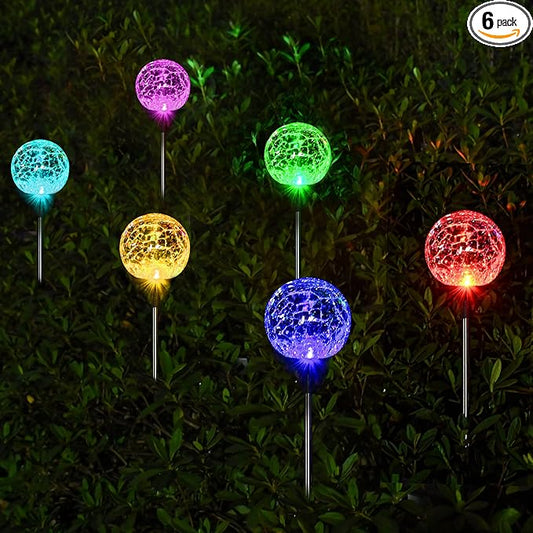 SOLPEX Solar Garden Lights 6 Pack, Solar Lights Outdoor Decorative, Solar Globe Lights Outdoor Waterproof for Yard and Garden, Multi-Color Changing Cracked Glass Ball LED Lights