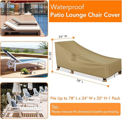 WLEAFJ Patio Chaise Lounge Cover Waterproof, Heavy Duty Outdoor Lounge Chair Covers, Durable Patio Furniture Covers, 78L x 34W x 32H inch，Khaki