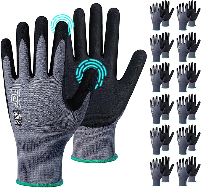 JDL Safety Work Gloves MicroFoam Nitrile Coated 12 Pairs, Seamless Knit Nylon Gloves with Touchscreen Fingers, Non-slip Working Glove for Women Men, Ideal for Gardening, General Purpose, Grey, X-Large