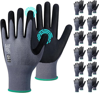 JDL Safety Work Gloves MicroFoam Nitrile Coated 12 Pairs, Seamless Knit Nylon Gloves with Touchscreen Fingers, Non-slip Working Gloves for Women Men, Ideal for Gardening, General Purpose, Grey, Large
