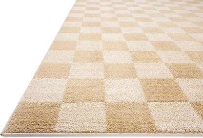 Loloi Chris Loves Julia Calvin Collection CLV-01 Wheat/Ivory 2'-7" x 7'-6" Runner Rug Checkered Neutral Soft Living Room Bedroom Carpet