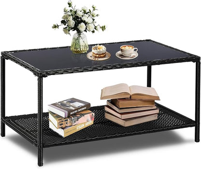 SUNNYPARK Outdoor Rattan Coffee Table 36’’ All-Weather Wicker Patio Side Tables with Glass Top and Storage Shelf Furniture for Living Room Balcony Backyard Poolside