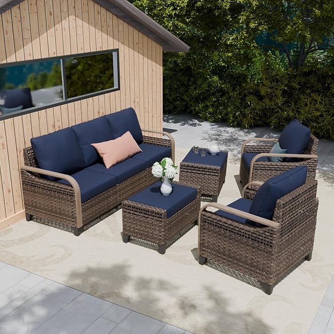 COOS BAY Modern Wicker Outdoor Furniture Set, Patio Conversation Set with Patio Chairs, 3 Seat Couch, and Ottomans, 5 Piece, Brown/Blue