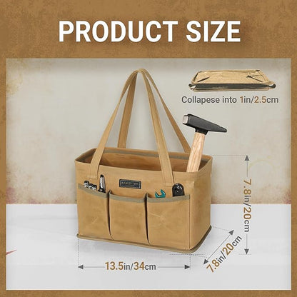 Durable 16OZ Waxed Canvas Tool Bag with Metal Frame, 13.5 Inch Large Collapsible Storage Tool Tote(Khaki | 13.5 X 7.8 X 7.8in)