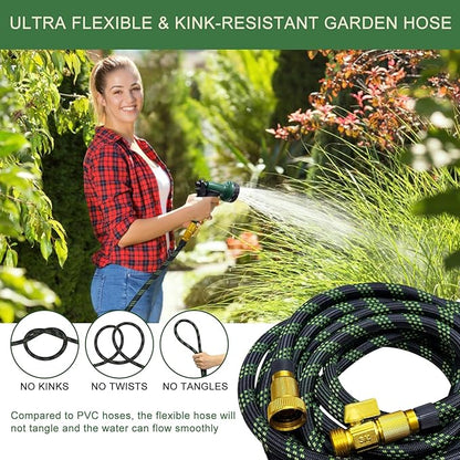 Garden Hose Non-Expandable 50 ft, Lightweight Flexible Water Hose with 10 Function Spray Nozzle, Outdoor Leak Proof, Kink-Free, Portable Hose for Yard, Lawn, Camper, High-Density Fabric, Black Green
