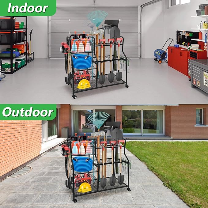 Garden Tool Organizer with 4 Wheels, Garden Tool Rack with 2 Storage Basket, 3 Tier Utility Garden Tool Storage with 12 Hooks for Garage/Yard/Shed/Garage/Basement/Lawn