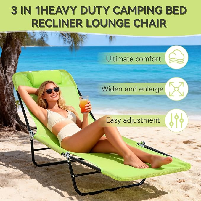 Outdoor Chaise Lounge with Detachable Pillow, Reclining Folding Chair with 5-Position Adjustable Back, Portable Tanning Chair For Beach, Pool, Lawn, Breathable Mesh Seat, No Assembly (Green 2)