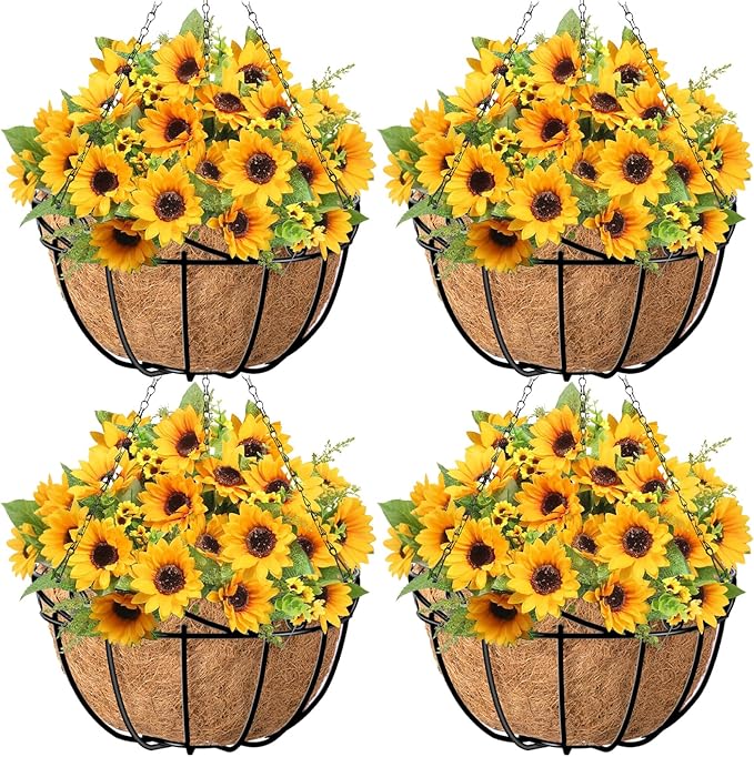 AMAGABELI GARDEN & HOME 4 Pack 12 Inch Metal Plant Hanging Baskets Planter Flower Pots Outdoor Indoor Wire Hanging Basket for Vegetable with Coco Fiber Liners for Garden Home Porch Decor