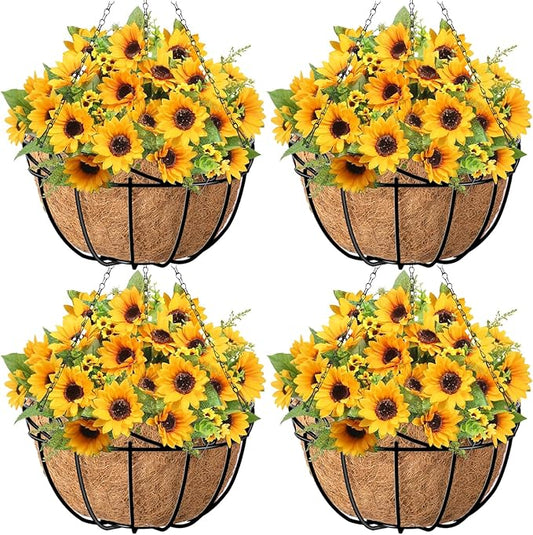 AMAGABELI GARDEN & HOME 4 Pack 12 Inch Metal Plant Hanging Baskets Planter Flower Pots Outdoor Indoor Wire Hanging Basket for Vegetable with Coco Fiber Liners for Garden Home Porch Decor