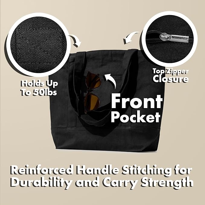 Carrywell (Not Made In China) Black Canvas Tote Bags with Zipper, 15"x 21", Heavy Duty Organic Cotton With Handles and Front Pocket, Reusable Shopping Totes