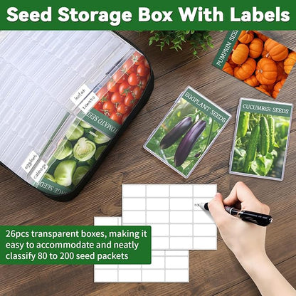 26 Slots Seed Storage Organizer Box, Reusable Oxford Cloth Seeds Storage Container, Holds 80-200 Envelopes, Garden Seed Packet with Insulated Bag and Label Stickers for Vegetable Flower Plants